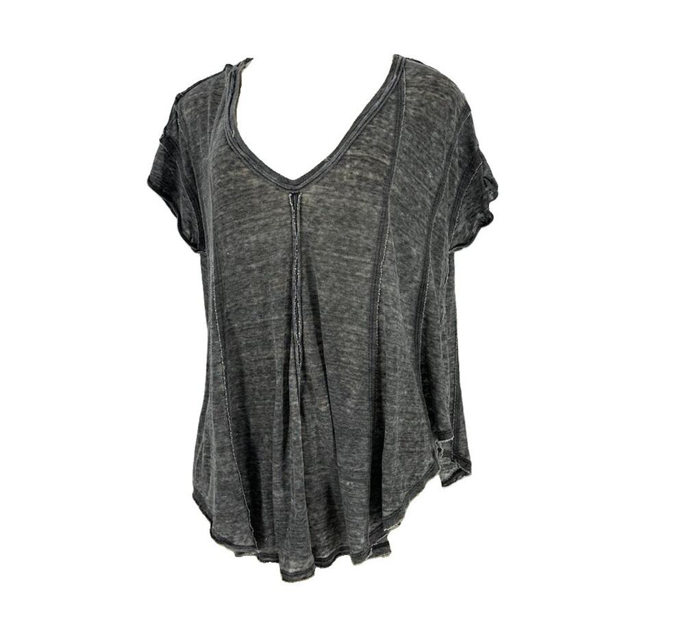 We The Free People XS Women Sammie Tee Gray Mineral Wash V-Neck Seam Top F4